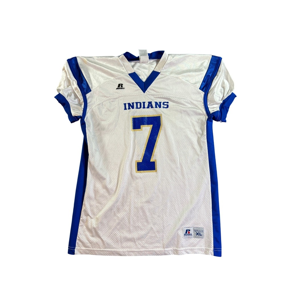 Russell Athletic‎ Football Jersey Youth XL White Blue Indians 7 Mesh Sportswear